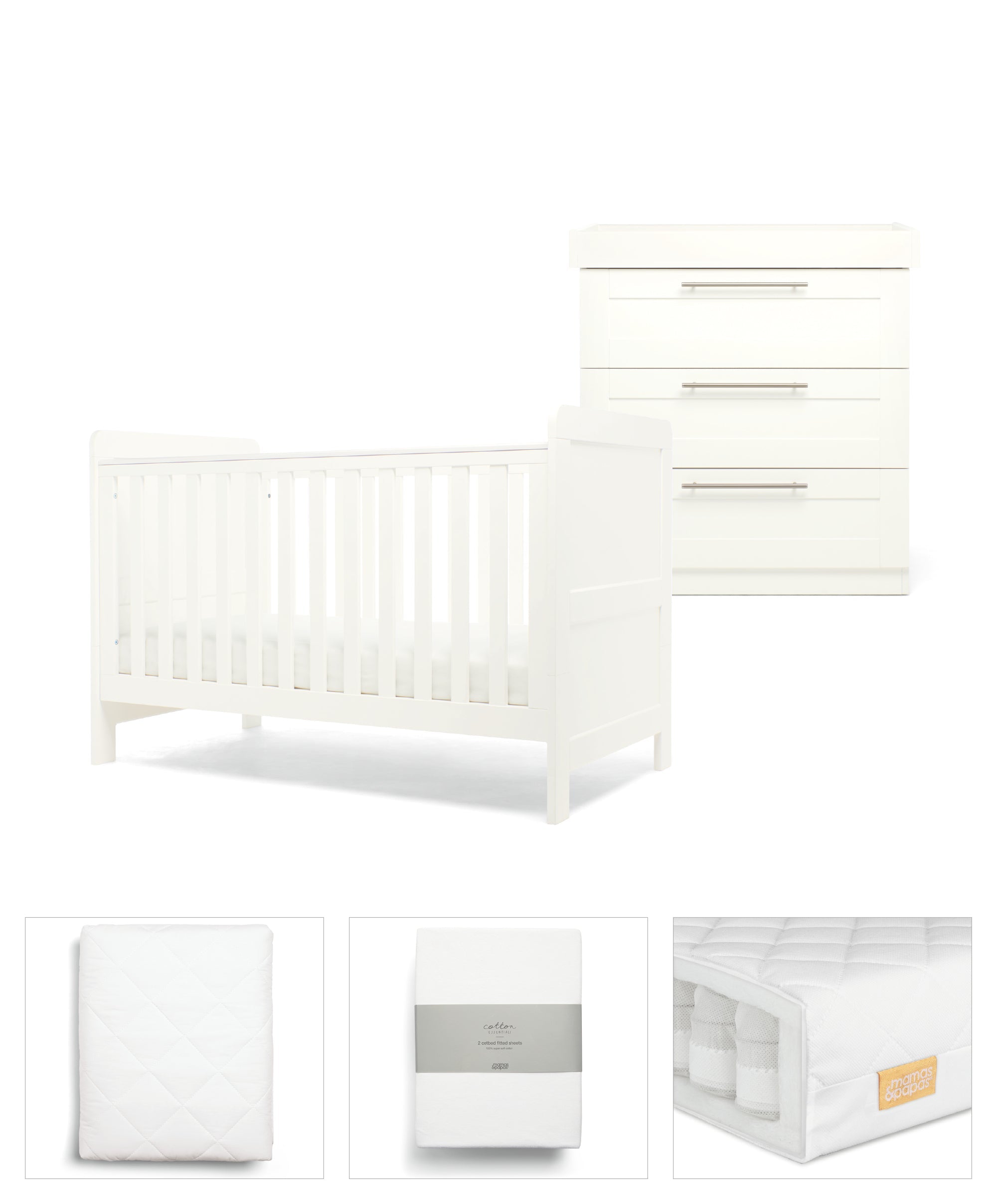 Mamas & Papas Hampden 5 Piece Set with Cotbed, Dresser Changer, Mattress, Fitted Sheets & Mattress Protector - White (Pre order September)