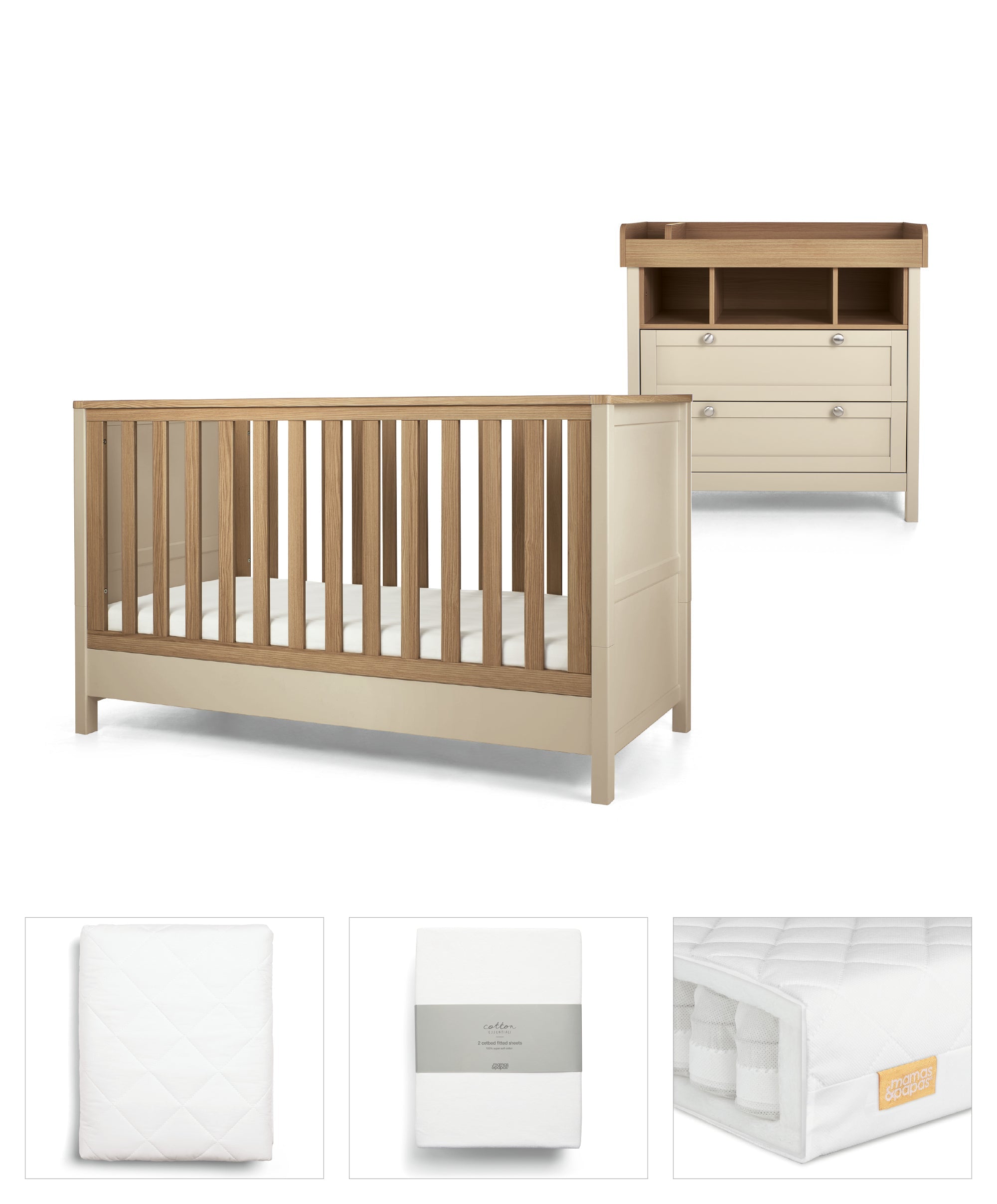 Mamas & Papas Harwell Cotbed 5 Piece Set with Cotbed, Dresser Changer, Mattress, Fitted Sheets & Mattress Protector - Cashmere (Pre order for January)